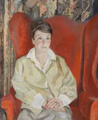 Portrait of a lady in red chair Oil on canvas Signed with initials upper left 78 x 64cm by David Rolt, Oil on canvas, offered Oct 2017