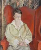 Portrait of a lady in red chair Oil on canvas Signed with initials upper left 78 x 64cm by David Rolt, Oil on canvas, offered Oct 2017