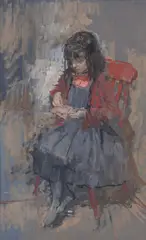 Jemimah Sewing Oil by Peter Kuhfeld, 1987, Oil on board, sold Oct 2017