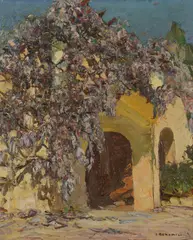 Doorway with flowers Oil by Louis Bonamici, Oil on canvas, sold Oct 2017