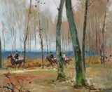 Riders through the forest Oil by Jules Rene Herve, Oil on board, sold Oct 2017