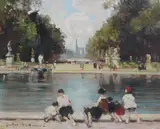 Children by the fountain by Jules Rene Herve, Oil on board, offered Oct 2017
