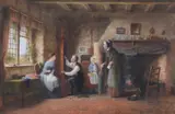 Restarting the grandfather clock Watercolour Signed and dated 1892 , lower right 19 x 30cm (7 1/2 x 11 3/4in.) by Frederick Daniel Hardy, 1892, Watercolour, offered Oct 2017