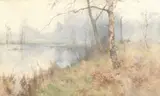 Wooded landscape Watercolour on paper laid to canvas Signed and dated 1895 , lower left 72 x 125cm (28 3/8 x 49 1/8in.) by Reginald Jones, 1895, Watercolour on paper laid to canvas, sold Oct 2017