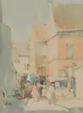 Market scene Watercolour by Roland Batchelor, Watercolour, pen and ink, offered Oct 2017