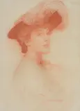 Elegant lady in hat Red chalk Signed and dated 1904 by Harold Speed, 1904, drawing, sold Oct 2017