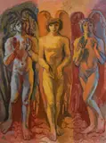 The three angels Oil by Hans Feibusch, Oil on board, sold Oct 2017