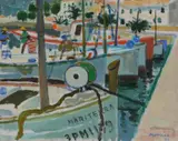 Fishing Boats Oil by Alberto Morrocco, Oil on canvas-board, sold Oct 2017