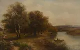 Country pathway with a figure and a gentleman rowing a boat Oil on canvas Signed, lower left 41 x 66cm (16 1/8 x 26in.) by Joseph Thors, Oil on canvas, offered Aug 2017