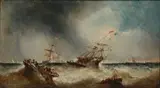 Shipping in stormy weather Oil on canvas Indistinctly signed, lower left 25 x 45cm (9 3/4 x 17 3/4in.) by William McAlpine, Oil on canvas Indistinctly signed, lower left, sold Aug 2017