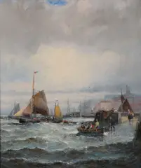 Boats at Whitby harbour Oil on canvas Signed, lower left 34 x 29cm (13 3/8 x 11 7/16in.) by Charles Anslow Thornley, Oil on canvas, sold Aug 2017