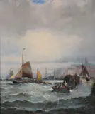 Boats at Whitby harbour Oil on canvas Signed, lower left 34 x 29cm (13 3/8 x 11 7/16in.) by Charles Anslow Thornley, Oil on canvas, sold Aug 2017