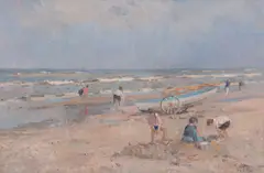 Beach scene with children digging in the sand Oil by Arie van Noort, Oil on board, sold Aug 2017