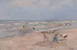 Beach scene with children digging in the sand Oil by Arie van Noort, Oil on board, sold Aug 2017
