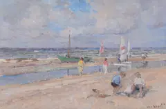 Beach scene with sailing boats Oil by Arie van Noort, Oil on board, sold Aug 2017