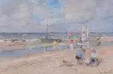 Beach scene with sailing boats Oil by Arie van Noort, Oil on board, sold Aug 2017