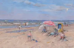 Beach scene with parasol Oil by Arie van Noort, Oil on board, sold Aug 2017