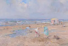 Beach scene with beach hut Oil by Arie van Noort, Oil on board, sold Aug 2017