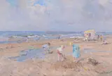 Beach scene with beach hut Oil by Arie van Noort, Oil on board, sold Aug 2017