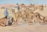 Camel market outside a walled city Watercolour and ink Signed by Simon Hodge, Watercolour and ink, sold Aug 2017