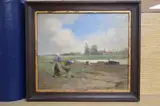 Dutch landscape with figures working in a field by a river, a windmill in the background by Janet Sutherland Davidson, oil on board, sold Nov 2020