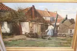 Farmyard scene with a girl feeding hens by Harry Frier, 1876, oil on canvas, sold Nov 2020