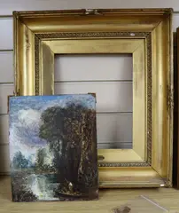 Boatman in a landscape, old attribution verso, 29 x 24cm by Follow of John Constable, oil on board, sold Oct 2020