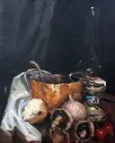 Still life of vegetables and pots, 50 x 40cm, unframed signed, 19.75 x 15.75in by Ken Moroney, oil on canvas, sold Oct 2020