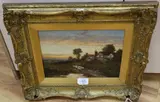 Landscape with cottage and sheep and shepherd in a lane signed by Daniel Sherrin, oil on canvas, sold Oct 2020