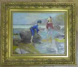 Children playing on the seashore by Anatole Belokonny, oil on canvas, sold Oct 2020