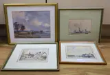 Estuary scene, The Causeway, Horsham and two studies at Staithes, largest 28 x 28cm by Peter Gilman, oil and three, sold Oct 2020