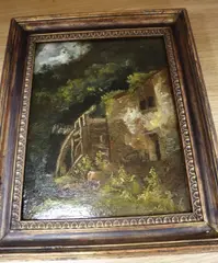 Figures beside a watermill, Maas & Co Ltd label verso, 25 x 19cm by Thomas Churchyard, oil on wood, sold Oct 2020