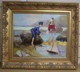 Children playing on the seashore by Anatole Belokonny, oil on canvas, sold Oct 2020