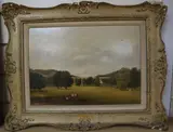 Landscape with cattle and a railway viaduct, initialled, 24 x 34cm by James Watson, oil, sold Oct 2020