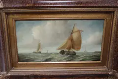 Fishing boats off the coast, 29 x 60cm by Jean Laurent, oil on canvas, sold Oct 2020