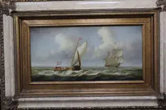 Sail barge and other shipping at sea, 29 x 60cm by Jean Laurent, oil on canvas, sold Oct 2020