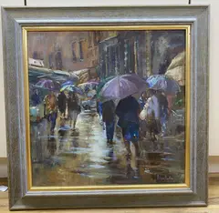 Rain in the Market, Umbria by Roger Dellar, oil on canvas, sold Oct 2020