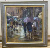 Rain in the Market, Umbria by Roger Dellar, oil on canvas, sold Oct 2020