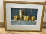 Squash with a brass pot, monogrammed, 26 x 40cm by Nigel Ashcroft, watercolour, sold Oct 2020