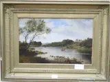 River scene with rowing boat, 24 x 39cm by James Richard Marquis, oil on board, sold Aug 2020