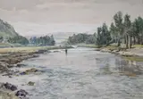 Salmon fishing on the River Dee by Lamorna Birch, 1943, pencil, sold Aug 2020