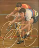 A scene of Tom Simpson riding in a velodrome with another cyclist by Pietro Psaier, oil on canvas, offered Nov 2021