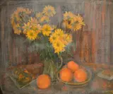 British, an oil on board still life of fruit and flowers by Patricia Langmead, oil on board, sold Nov 2021