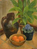 British, a still life study of fruit, plants and an earthenware vessel by Patricia Langmead, oil on board, sold Nov 2021