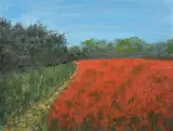British, a scene of a South Downs field of poppies in bloom by Patricia Langmead, mixed media, sold Nov 2021