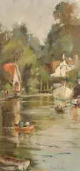 British, Figures in rowing boats with houses and trees beyond by Roger Dellar, oil on board, sold Nov 2021