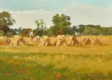 British, Summer scene, hay stooks and men gathering in the hay by John Haskins, oil on board, sold Nov 2021