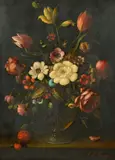 Austrian, still life of mixed flowers in a glass vase by F. Oszkar Knapp, oil on panel, sold Nov 2021