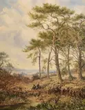 British, a pair of landscapes of rural scenes, with figures in a landscape and a horse and cart on a country path by William Lakin Turner, oil on canvas, sold Nov 2021