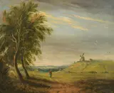 British, a wayfarer in a landscape with a windmill beyond by David Cox, oil on canvas, sold Nov 2021